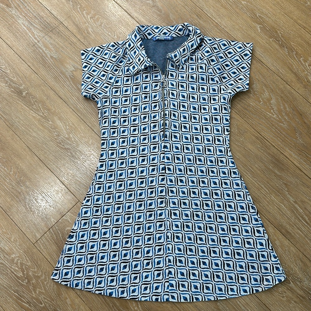 Collard, blue patterned, mini dress. Urban Outfitters, large.